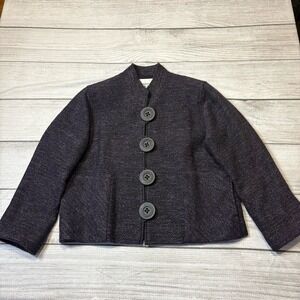 Caroline Rose Tweed Purple And Black Blazer with Large Round Buttons Band Collar